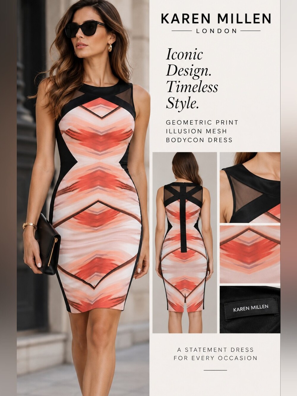KAREN MILLEN Geo Print Illusion Mesh Bodycon Dress
